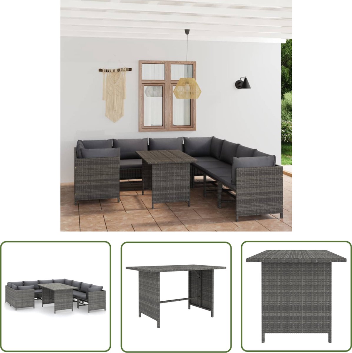 The Living Store 9-delige Loungeset met kussens poly rattan grijs - Loungehoek - Tuinset - Loungebank - Outdoor Meubels - Tuinmeubilaar