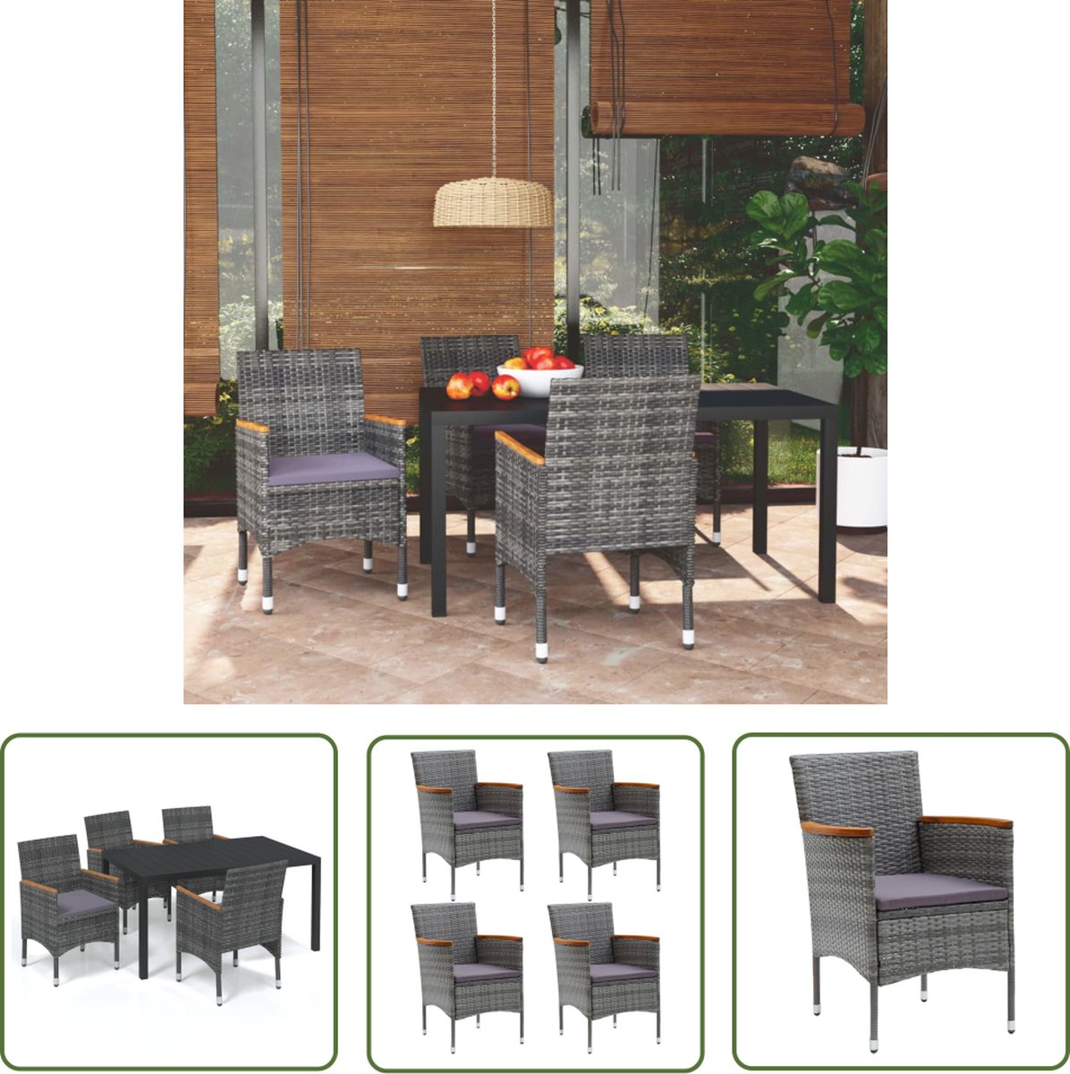 The Living Store 5-delige Tuinset met kussens poly rattan grijs - Tuinstoel - Tuinset - Acacia Hout - Buitentijd - Lounge Set