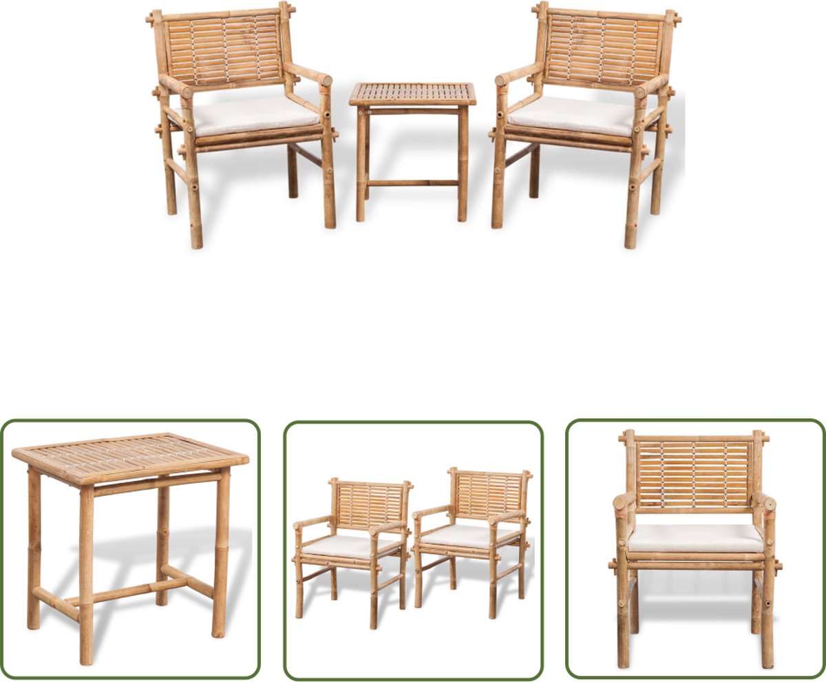 The Living Store 3-delige Bistroset met kussens bamboe - Bamboetuinset - Tuinstoel - Buistol - Eetkamerstoelen - Lounge Set
