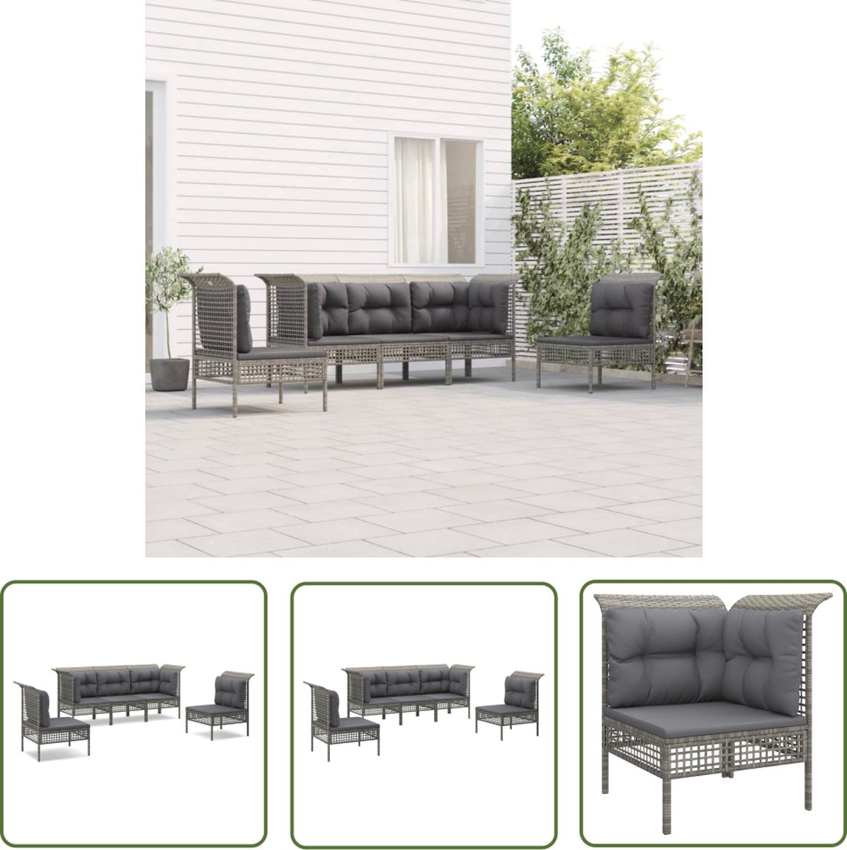 The Living Store 5-delige Loungeset met kussens poly rattan grijs - Loungeset - Tuinset - Lounge Bank - Tuinbank - Outdoor Set