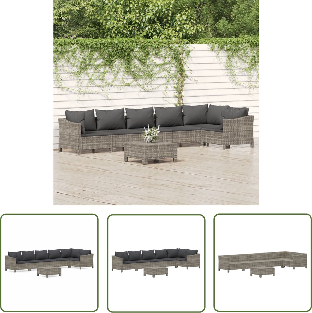 The Living Store 7-delige Loungeset met kussens poly rattan grijs - Loungeset - Tuinset - Buitendecoratie - Loungehoek - Poly Rattan