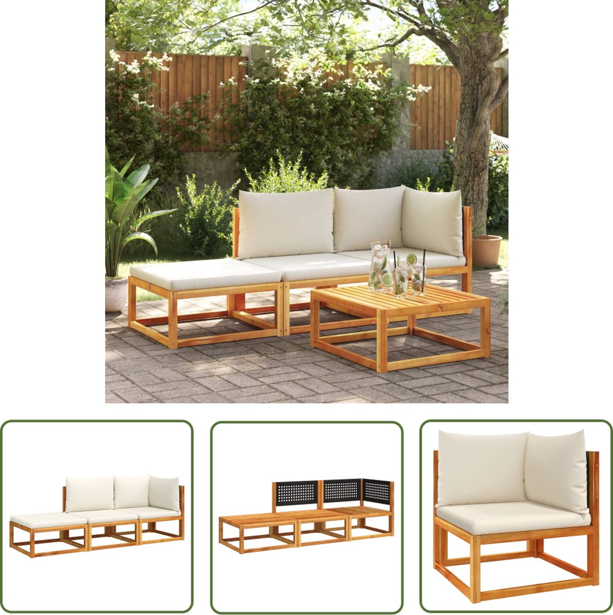 Luxe acaciahouten loungeset met kussens en hoekbank voor tuinmeubels.