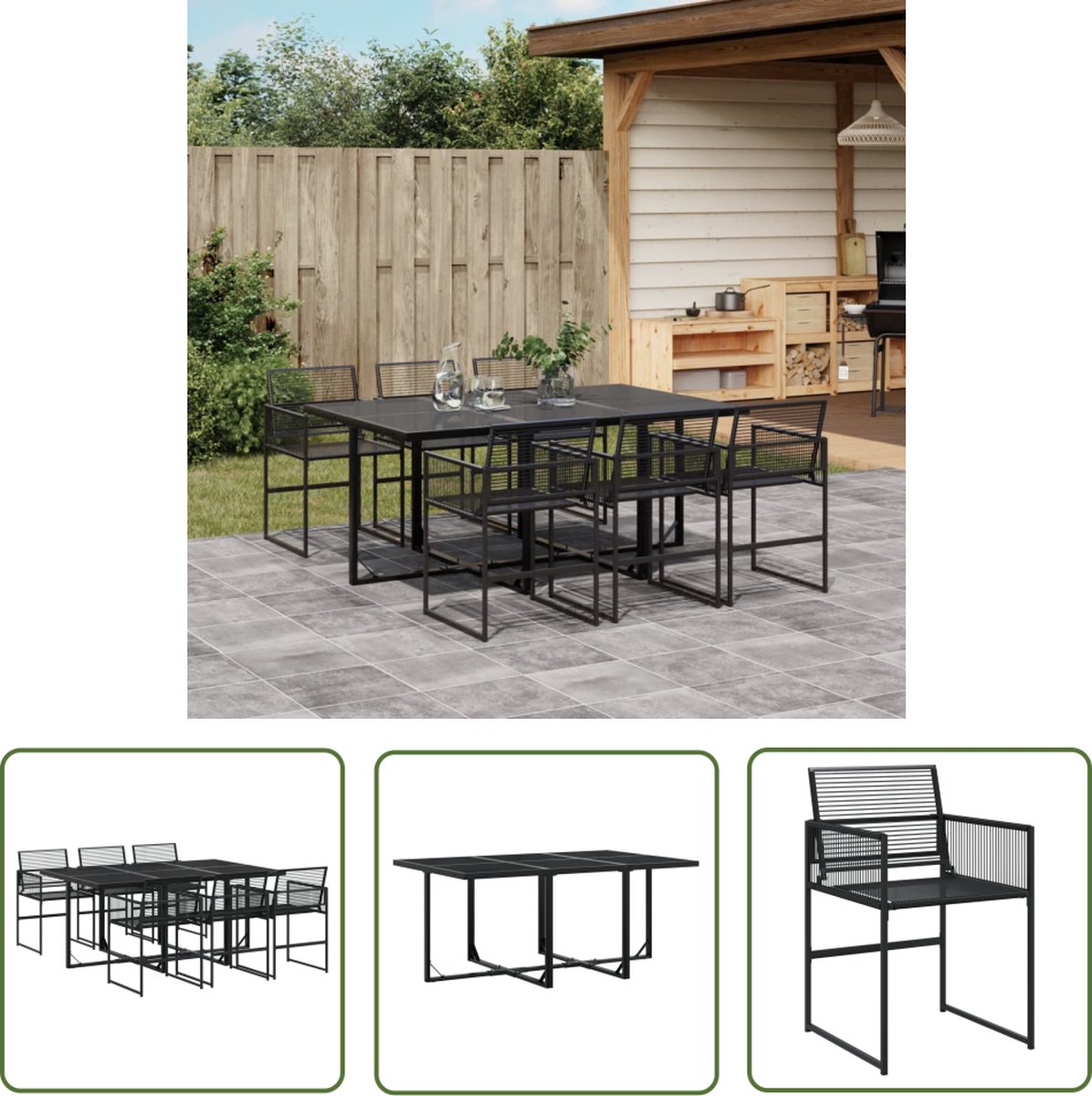 Poly rattan zwarte tuinset met eettafel, stoelen en bank voor buiten.