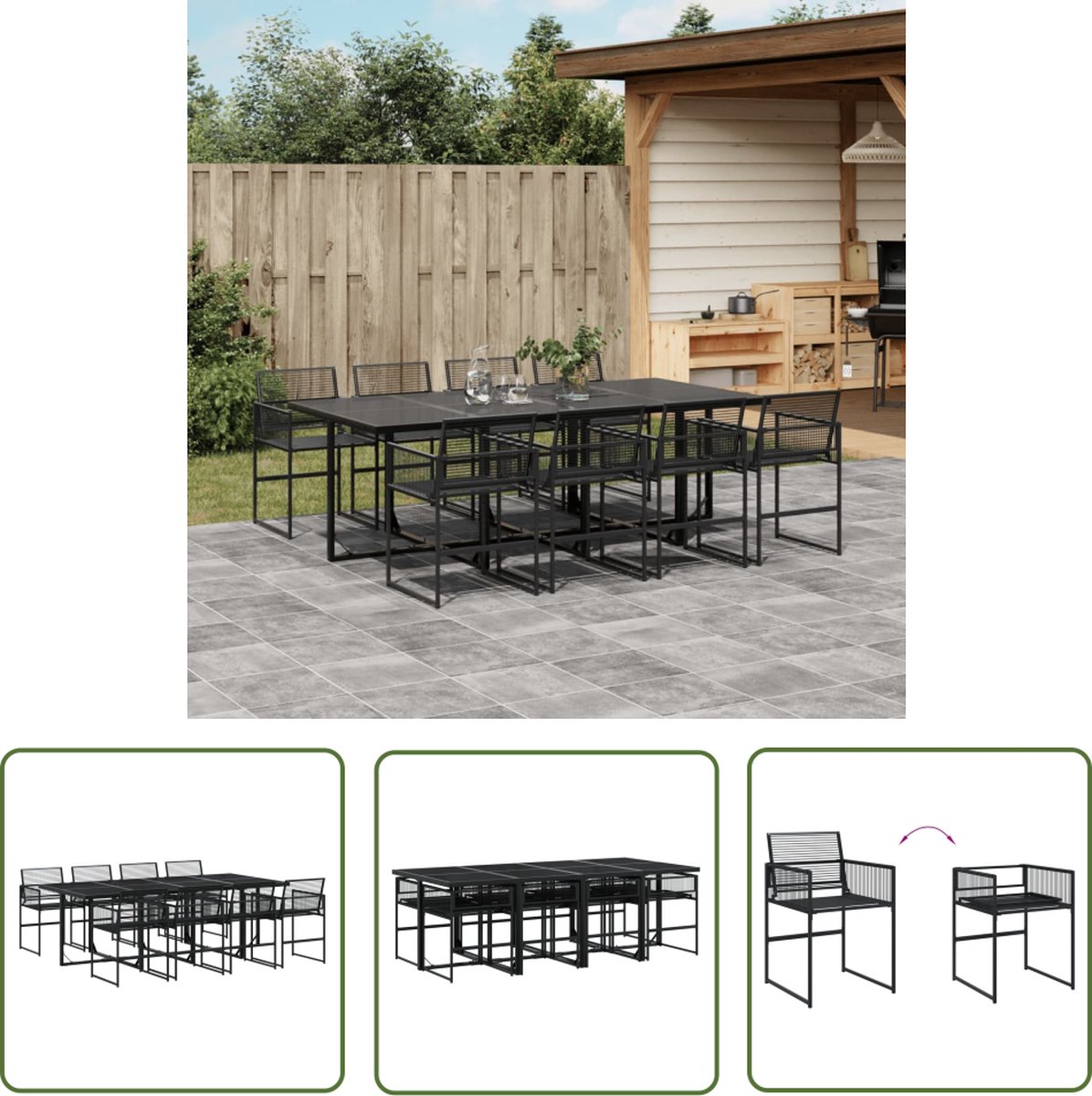 Zwarte poly rattan tuinset met 9-delig meubilair - The Living Store.