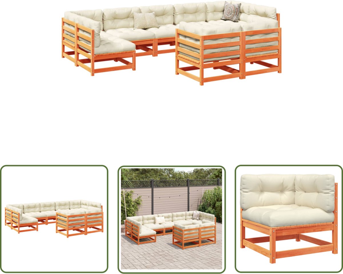 The Living Store 9-delige Loungeset met kussens massief grenenhout wasbruin - Loungeset - Tuinset - Buitameubels - Houten Lounge - Hoeklounge