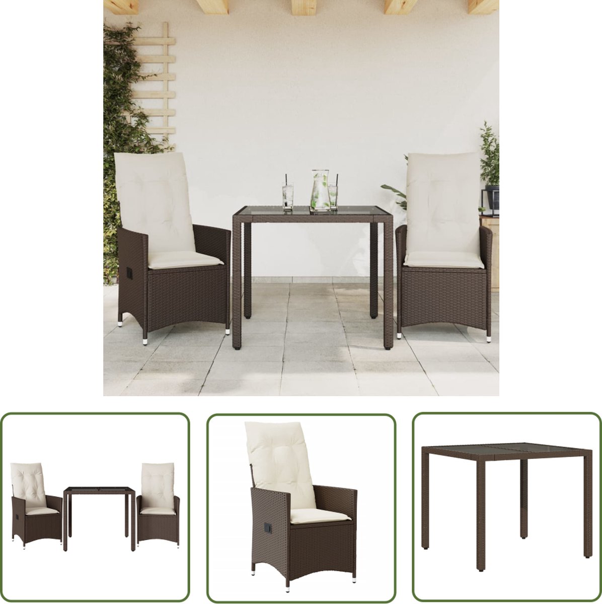 The Living Store 3-delige Bistroset met kussens poly rattan bruin - Tuinsets - Bistroset - Buitendecoratie - Lounge Set - Terrasdecoratie