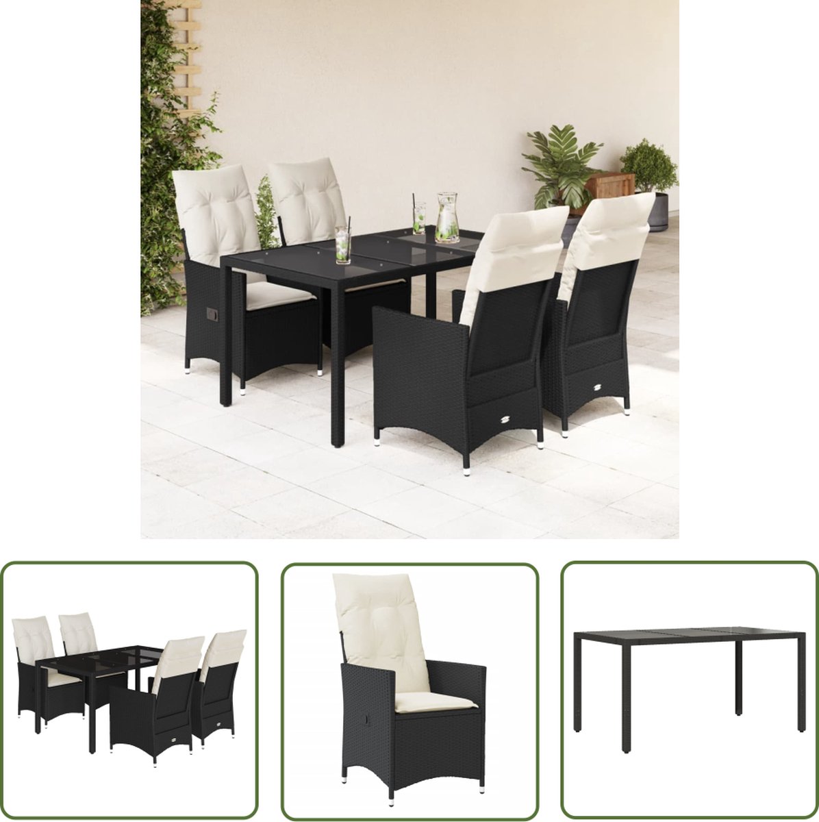Zwarte polyrattan tuinset met kussens - The Living Store.