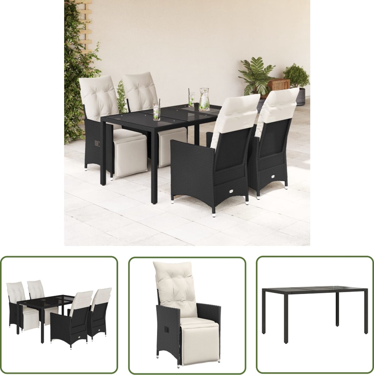 The Living Store 5-delige Tuinset met kussens poly rattan zwart - Tuinset - Lounge Set - Buis Meubel - Outdoor Furniture - Patio Set