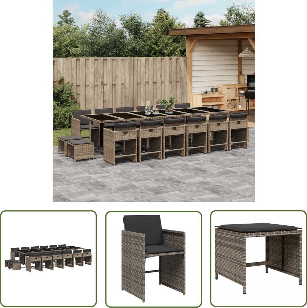 The Living Store 17-delige Tuinset met kussens poly rattan grijs - Tuinmeubels - Eetkamerset - Buitentafel - Lounge Set - Poly Ratan