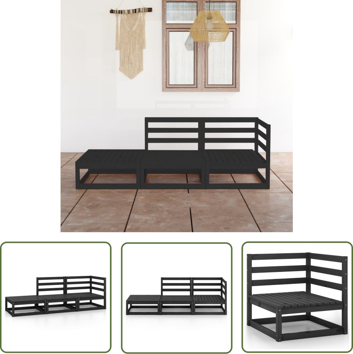 The Living Store 3-delige Loungeset massief grenenhout zwart - Tuin Lounge Set - Loungestoel - Houten Loungebank - Buitendiner - Tuinset