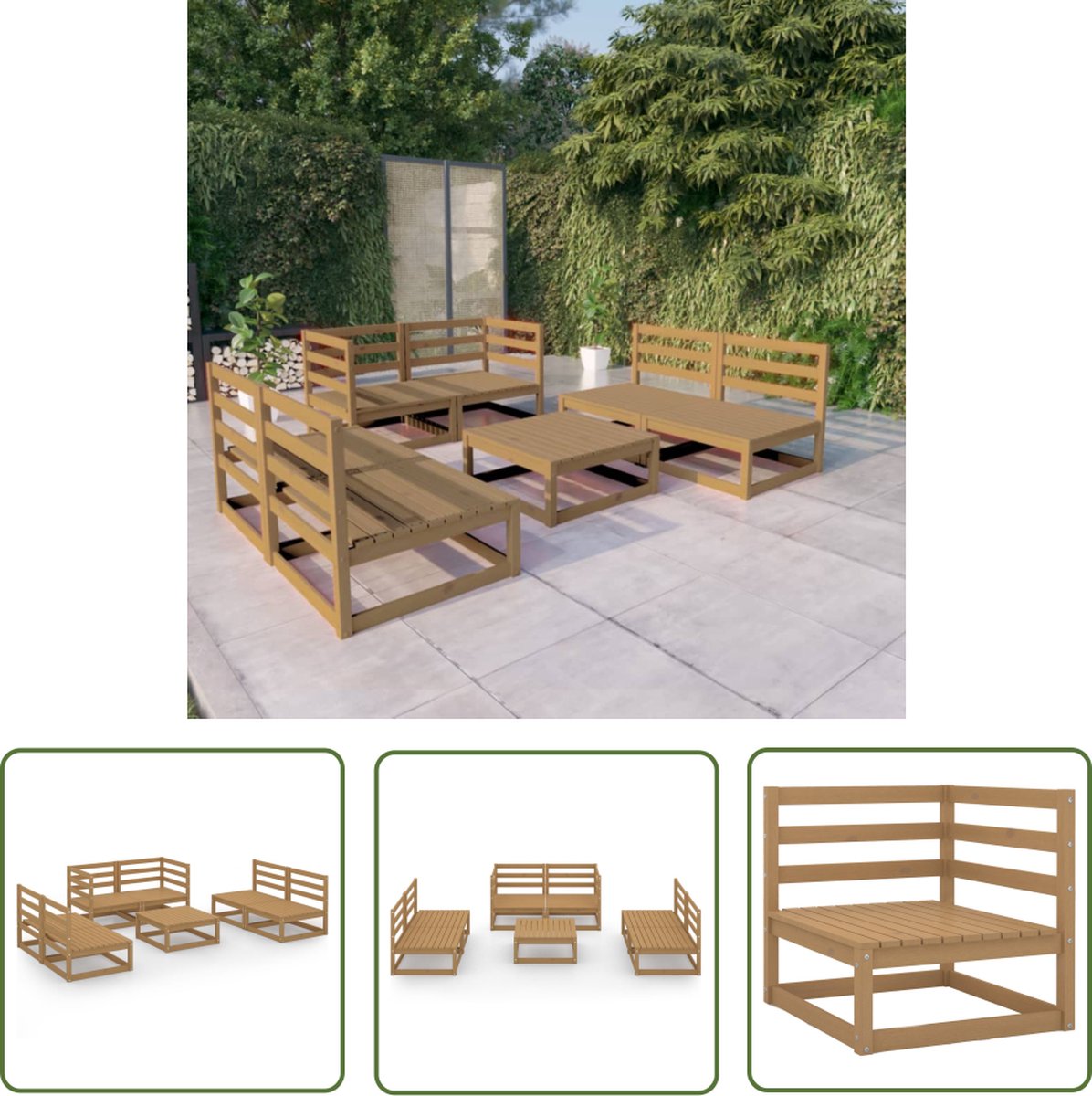 The Living Store 7-delige Loungeset massief grenenhout honingbruin - Lounge Set - Tuinset - Houten Lounge Set - Tuinmeubel - Buitentijnen