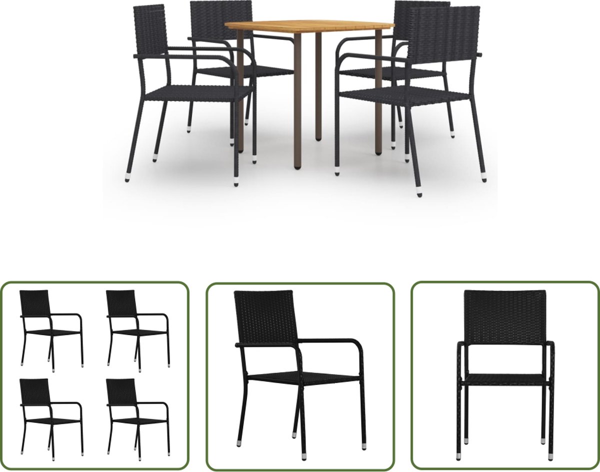 Zwarte poly rattan tuinset met eetkamertafel en tuinbank van acaciahout.