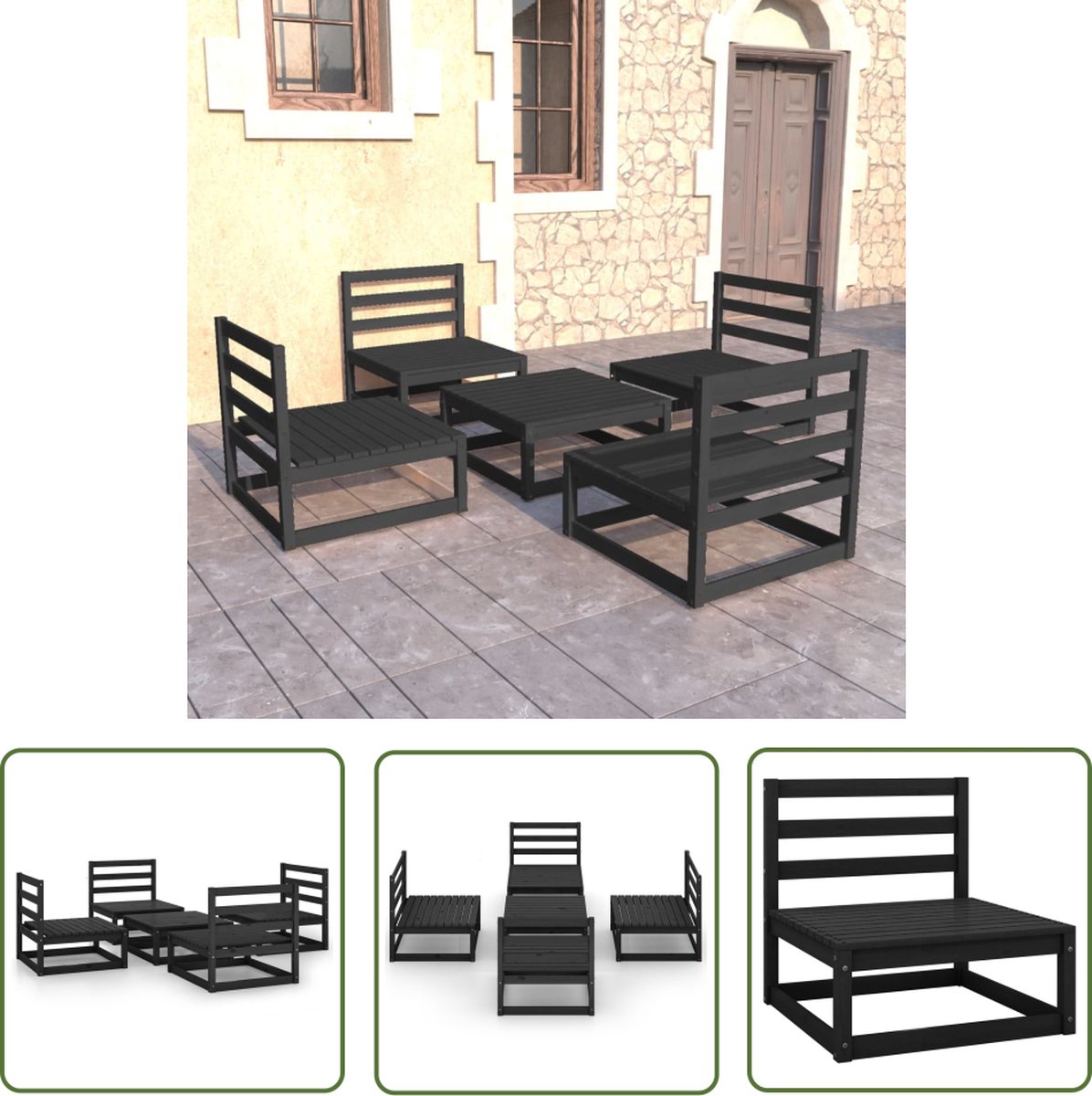 Zwarte massief grenenhouten loungeset voor tuin - The Living Store.