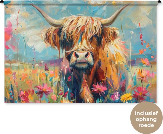 Wandkleed 180x120 cm - Wanddoek Schotse hooglander - Natuur - Kleurrijk - Bloemen - Wandtapijt - Wandkleden