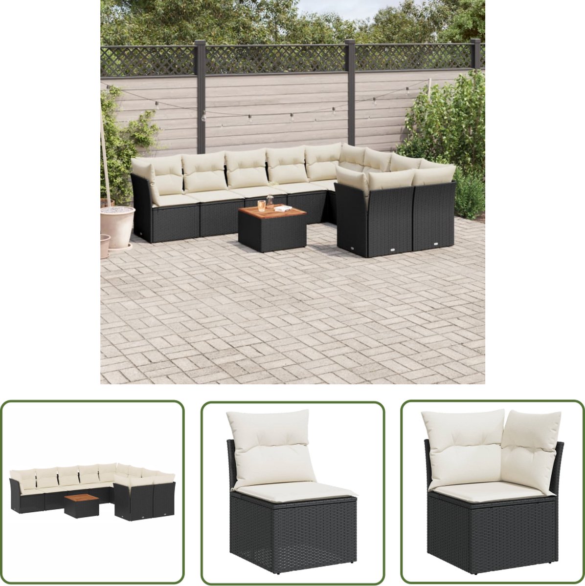 The Living Store 10-delige Loungeset met kussens poly rattan zwart - Loungeset - Lounge Set - Tuinlounge - Buitendining - Terrassenset