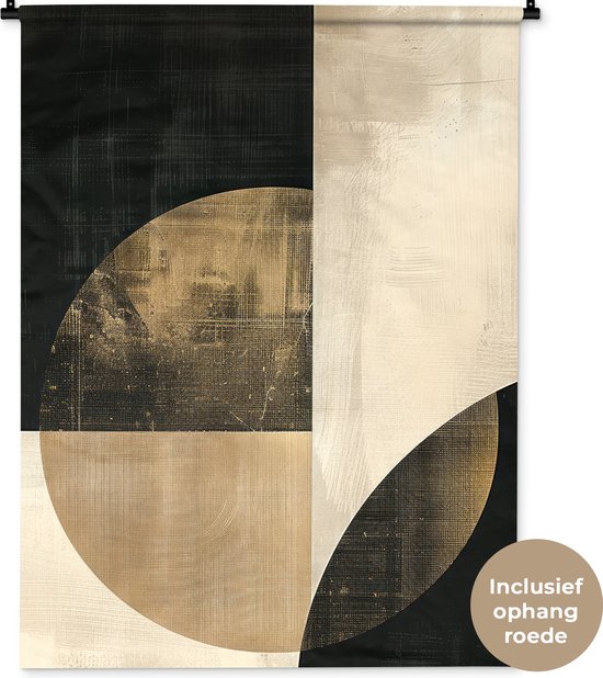 Wandkleed 90x120 cm - Wanddoek Abstract - Geometrische vormen - Zwart - Goud - Wandtapijt - Wandkleden