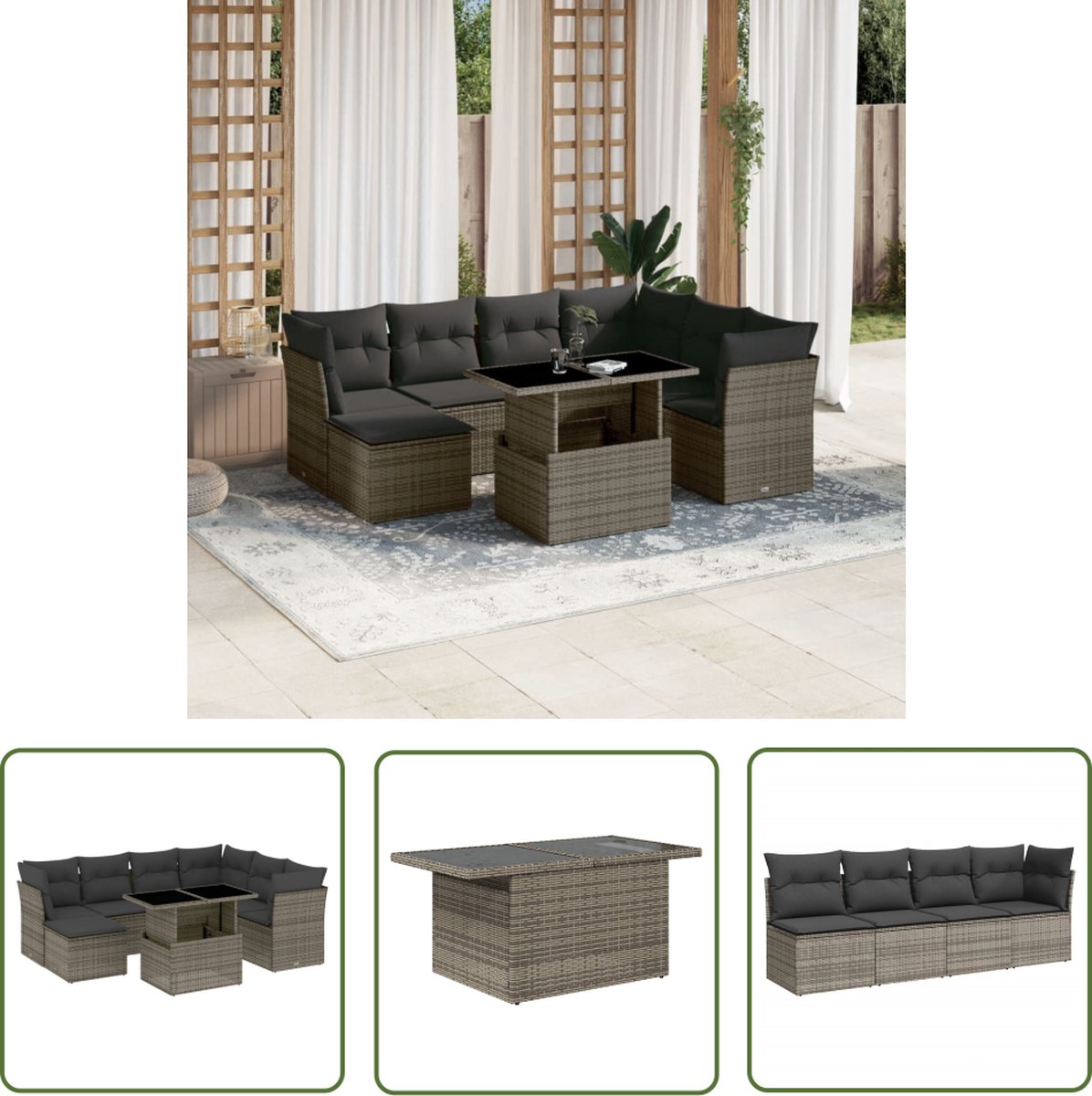 The Living Store 8-delige Loungeset met kussens poly rattan grijs - Loungeset - Tuinmeubels - Lounge Set - Buitendecoratie - Pe Rattan
