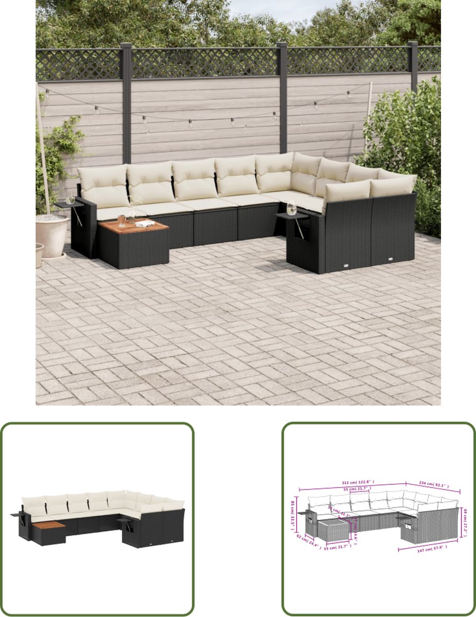 The Living Store 10-delige Loungeset met kussens poly rattan zwart - Loungebank - Lounge Set - Tuinbank - Buitendiner - Outdoor Furniture