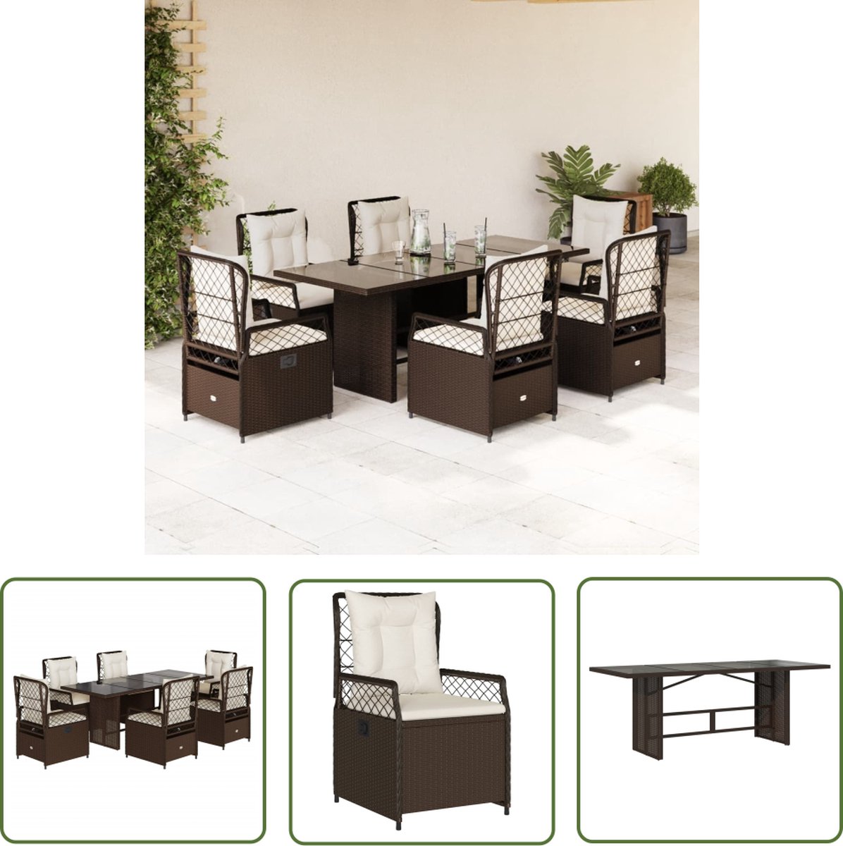 The Living Store 7-delige Tuinset met kussens poly rattan bruin - Tuinset - Buitenmeubel - Lounge Set - Eetkamerset - Patio Set