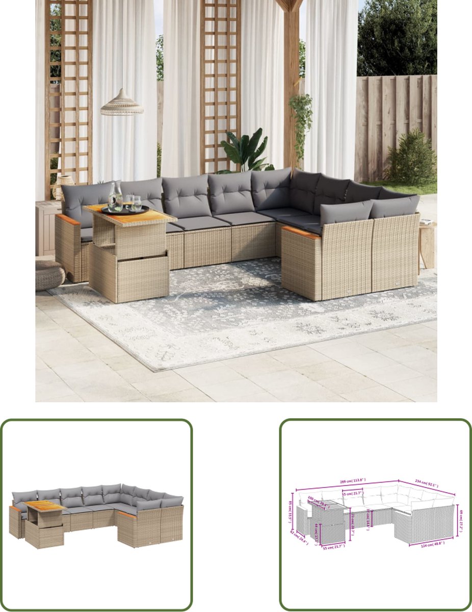 The Living Store 10-delige Loungeset met kussens poly rattan beige - Loungebank - Tuinset - Lounge Set - Buitendecoratie - Tuinlounge