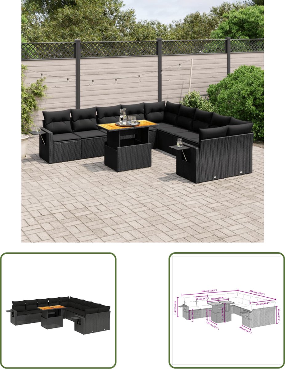 Zwarte poly rattan loungeset met kussens voor tuin en terras.