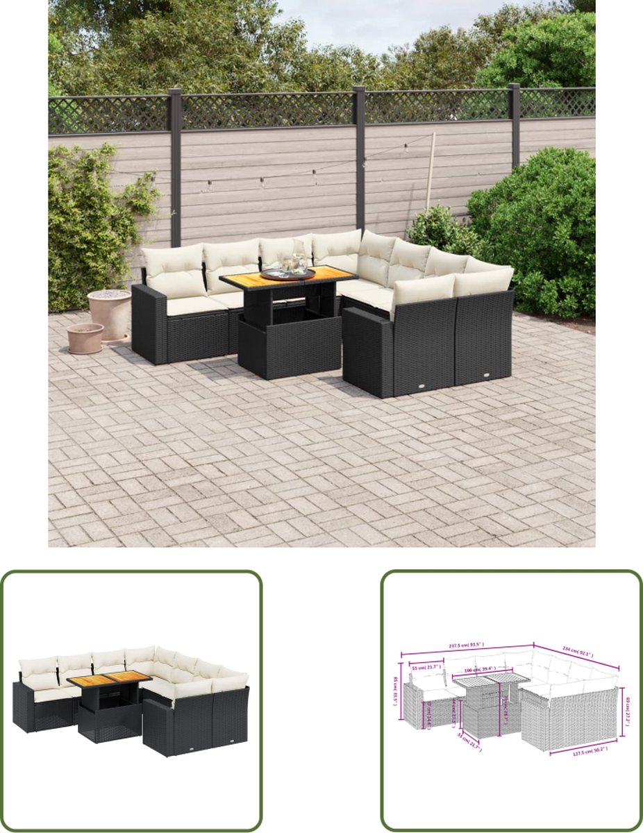 The Living Store 9-delige Loungeset met kussens poly rattan zwart - Loungebank - Tuinset - Lounge Set - Tuinmeubels - Outdoor Furniture