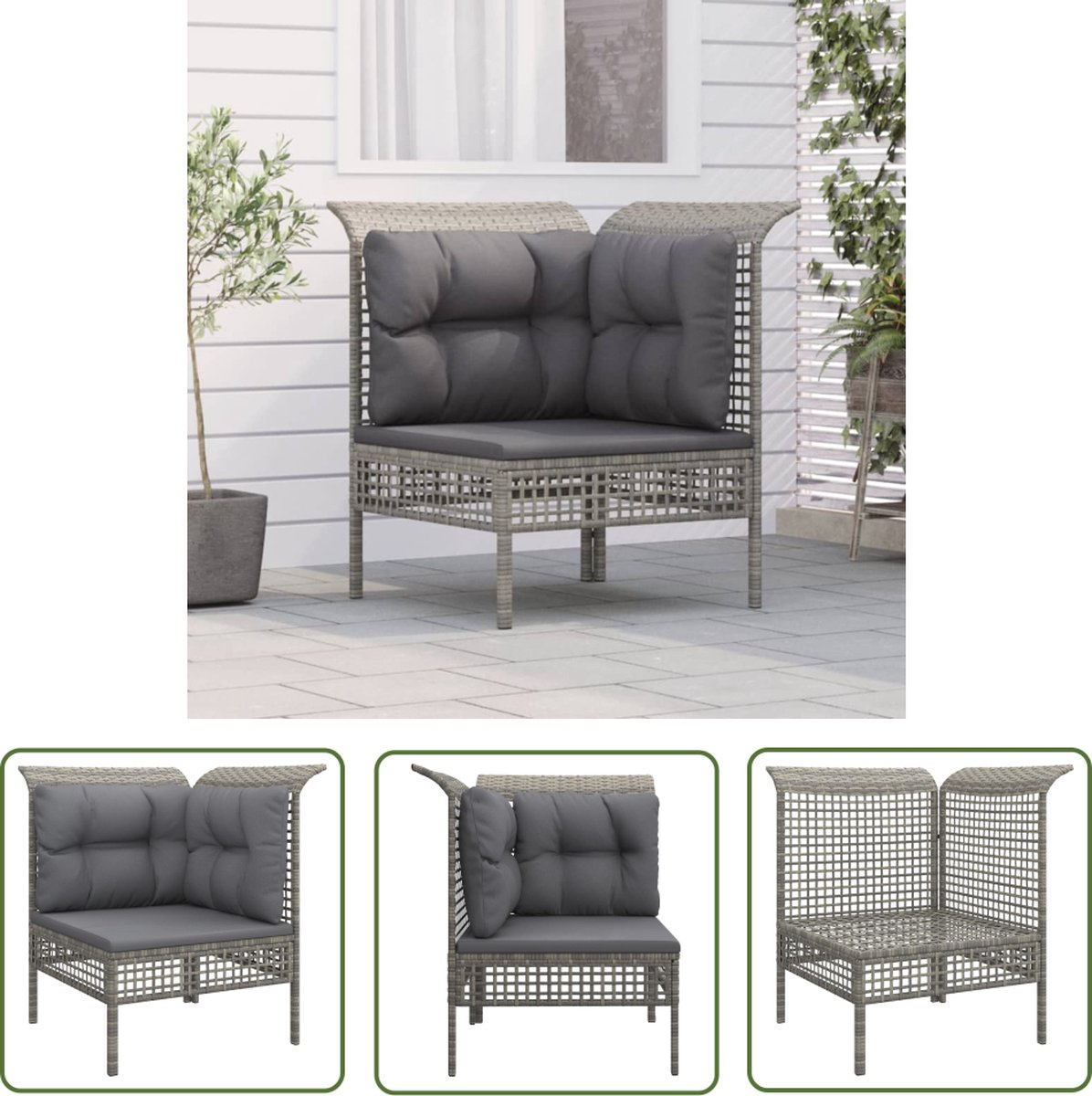 The Living Store Tuinhoekbank met kussen poly rattan grijs - Tuinbank - Hoekbank - Lounge Set - Outdoor Furniture - Buitenkamer