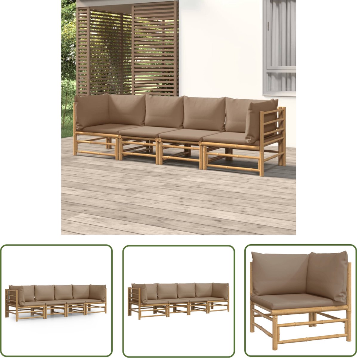 Bamboe loungeset met taupe kussens voor tuinlounge - The Living Store.