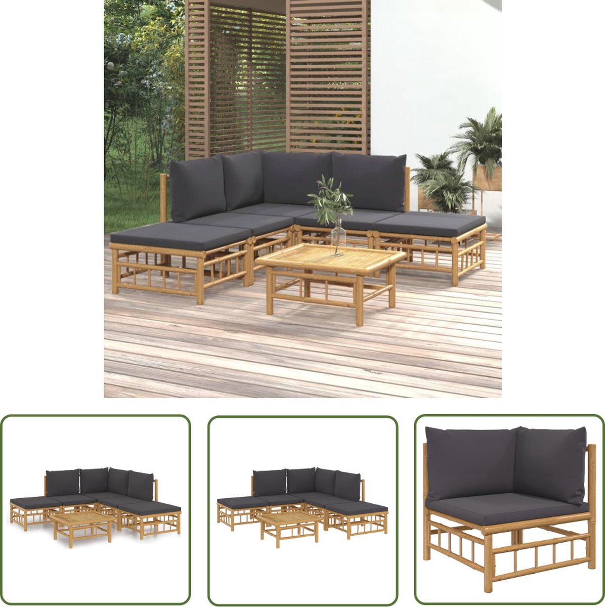 The Living Store 6-delige Loungeset met kussens bamboe donkergrijs - Bamboetuinset - Lounge Set - Buitentuin - Outdoor Furniture - Garden Sofa Bamboe loungeset met donkergrijze kussens en buitentuinsetting - The Living Store.
