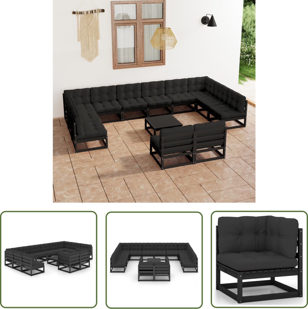 The Living Store 13-delige Loungeset met kussens massief grenenhout zwart - Tuinmeubels - Lounge Set - Tuinset - Houten Tuinbank - Grenenhouten Meubilair