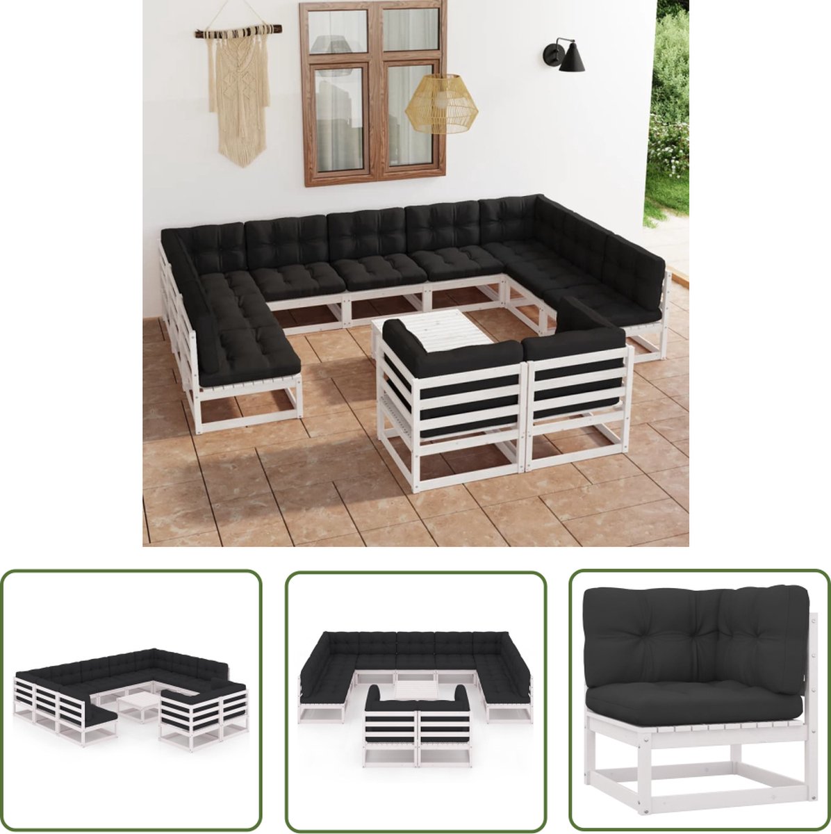 12-delige witte loungeset van massief grenenhout met kussens - The Living Store.