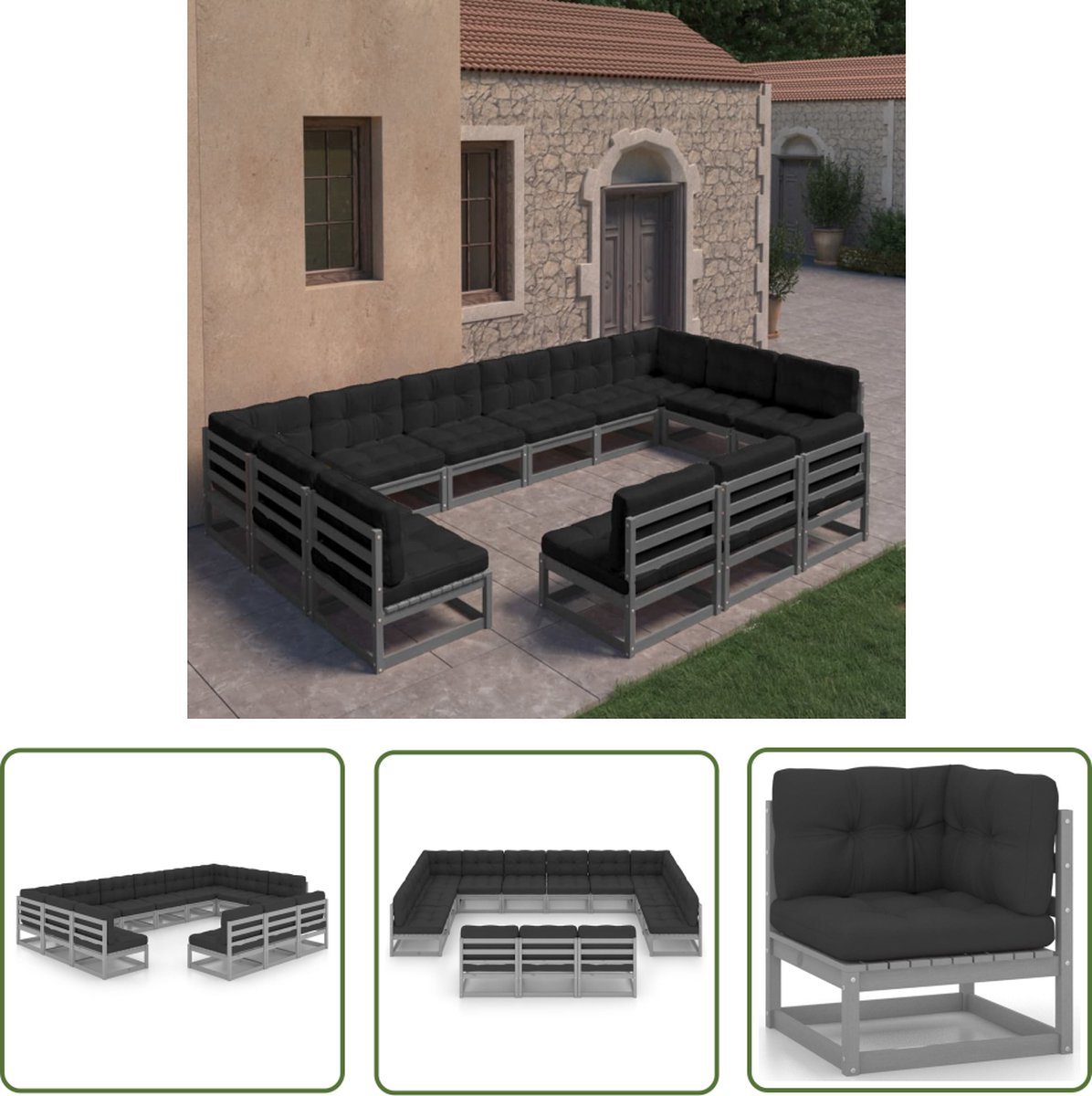 Tuinstoel Lounge Set met grijze kussens van massief grenenhout - Buitendecor.