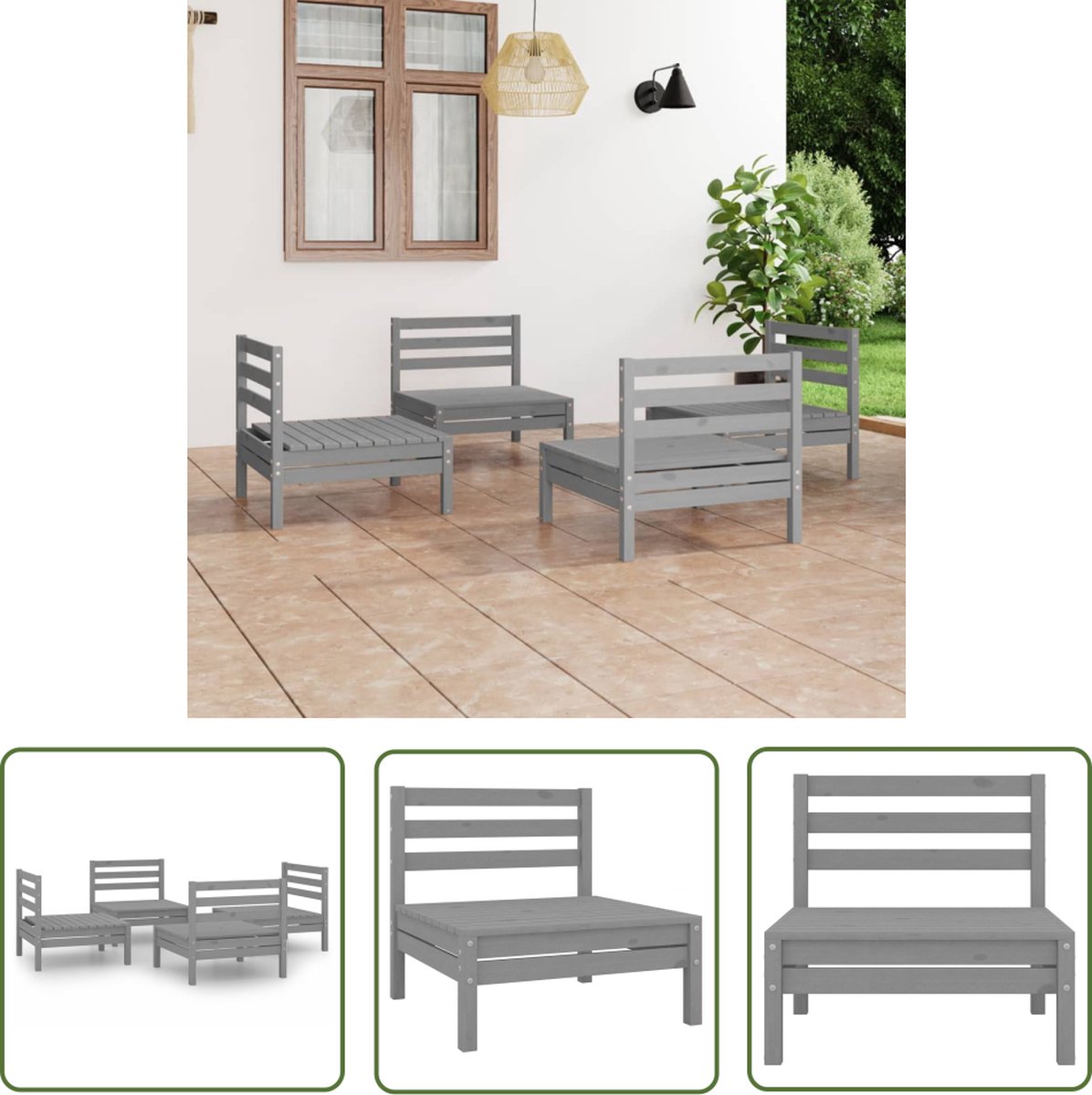 The Living Store 4-delige Loungeset massief grenenhout grijs - Loungeset - Tuinset - Houten Lounge - Buitendining - Balkon Meubilair