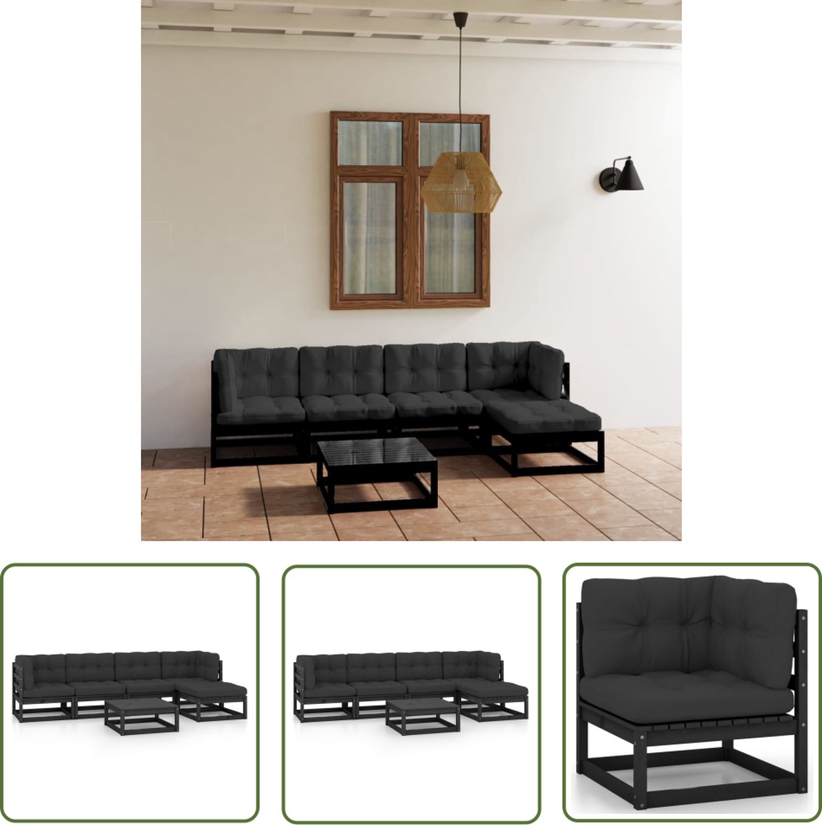 The Living Store 6-delige Loungeset met kussens massief grenenhout - Tuin Lounge Set - Grenenhout Loungestoel - Zwarte Loungeset - Buitendecoratie - Outdoor Furniture
