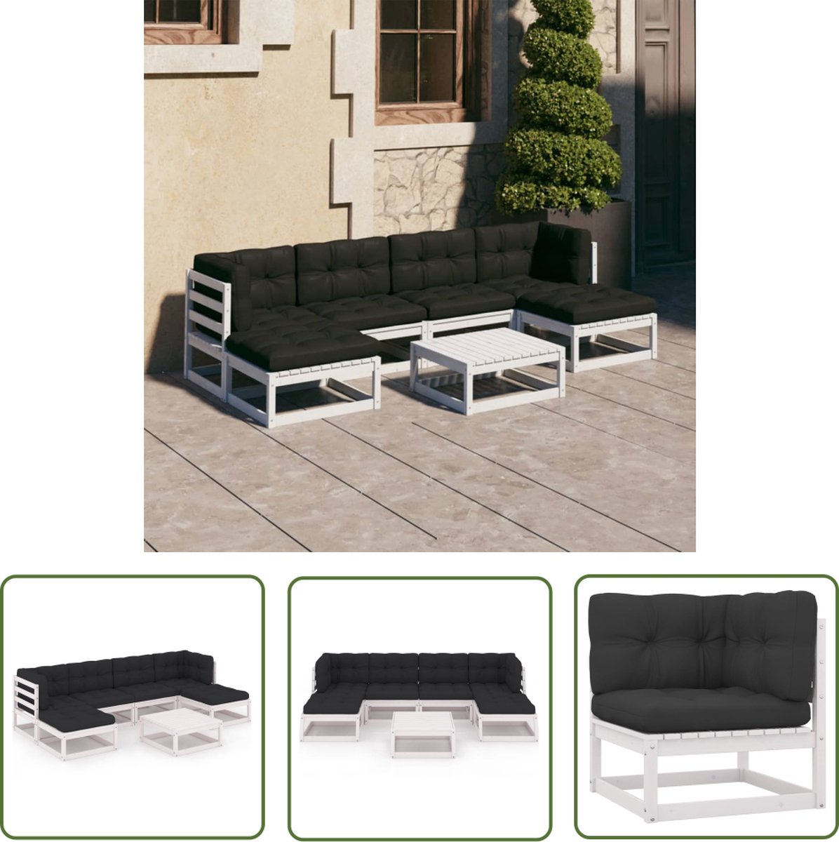 The Living Store 7-delige Loungeset met kussens massief grenenhout wit - Tuinsets - Lounge Sets - Houten Tuinbanken - Buitenkamer - Terrasdecoratie