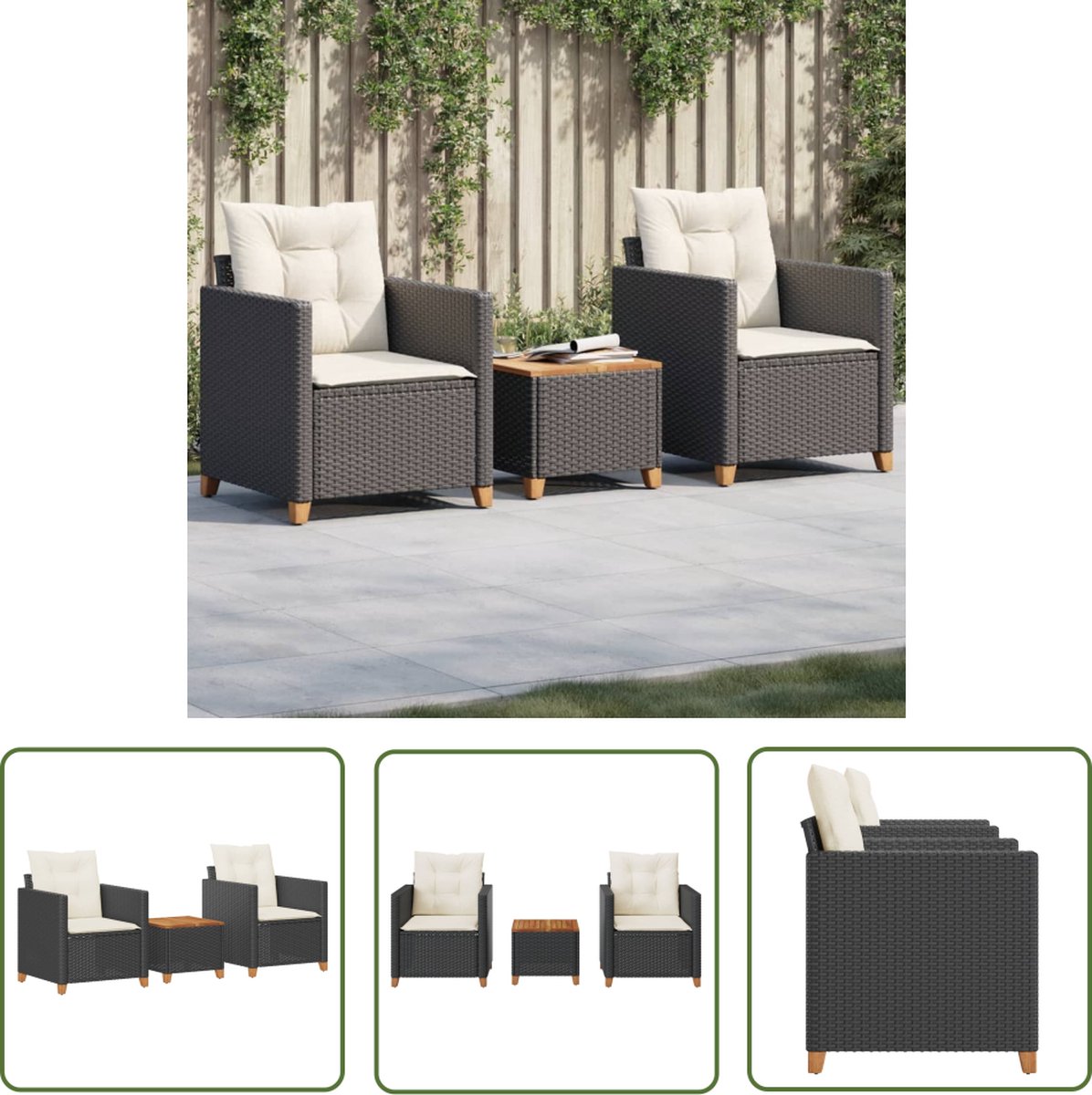 Poly rattan en acaciahouten bistroset met zwarte kussens - Buitendecoratie.
