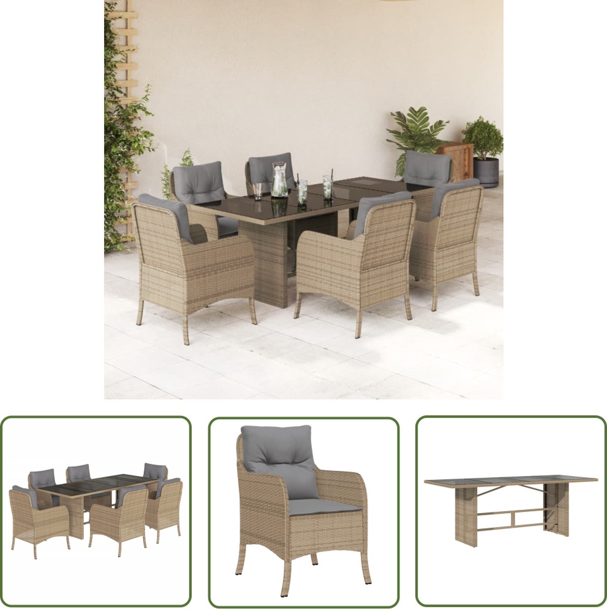 The Living Store 7-delige Tuinset met kussens poly rattan beige - Tuin Set - Eetkamerset - Buitentijd - Lounge Set - Patio Set
