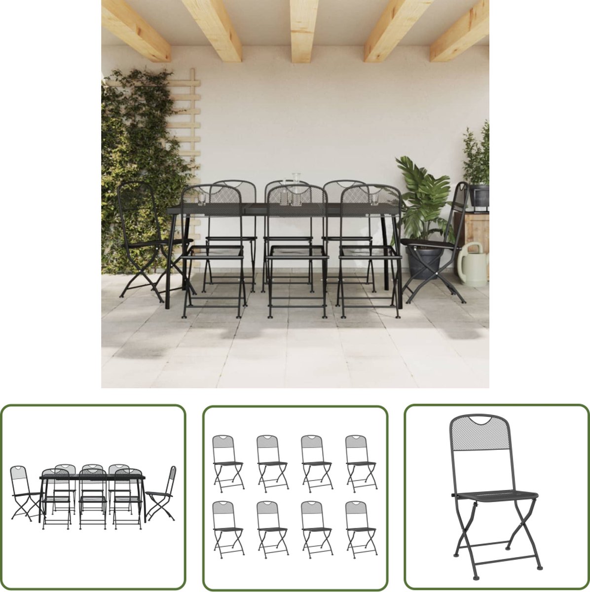 Antracietkleurige metalen tuinset van The Living Store - 9-delige eetkamer- en loungeset.