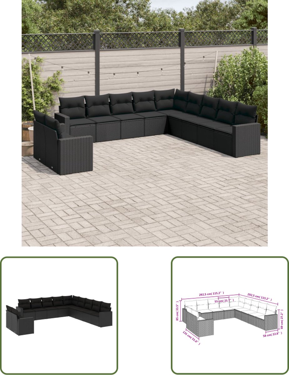 The Living Store 11-delige Loungeset met kussens poly rattan zwart - Loungebank - Lounge Set - Tuinset - Buitendecoratie - Tuinlounge