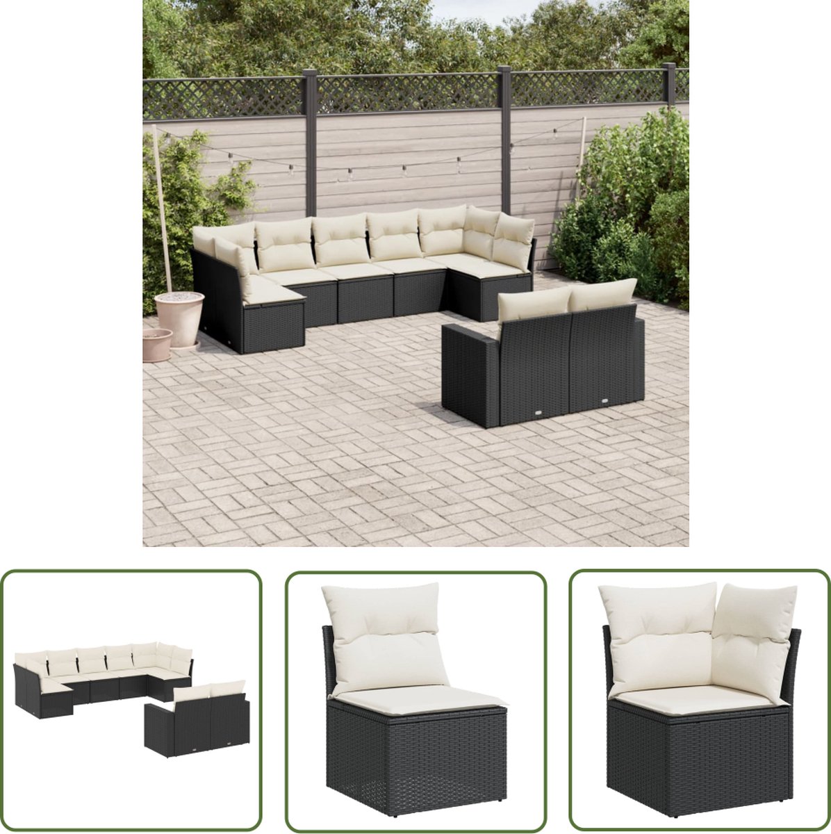 The Living Store 9-delige Loungeset met kussens poly rattan zwart - Loungeset - Tuinset - Buitendecoratie - Tuinmeubels - Lounge Set