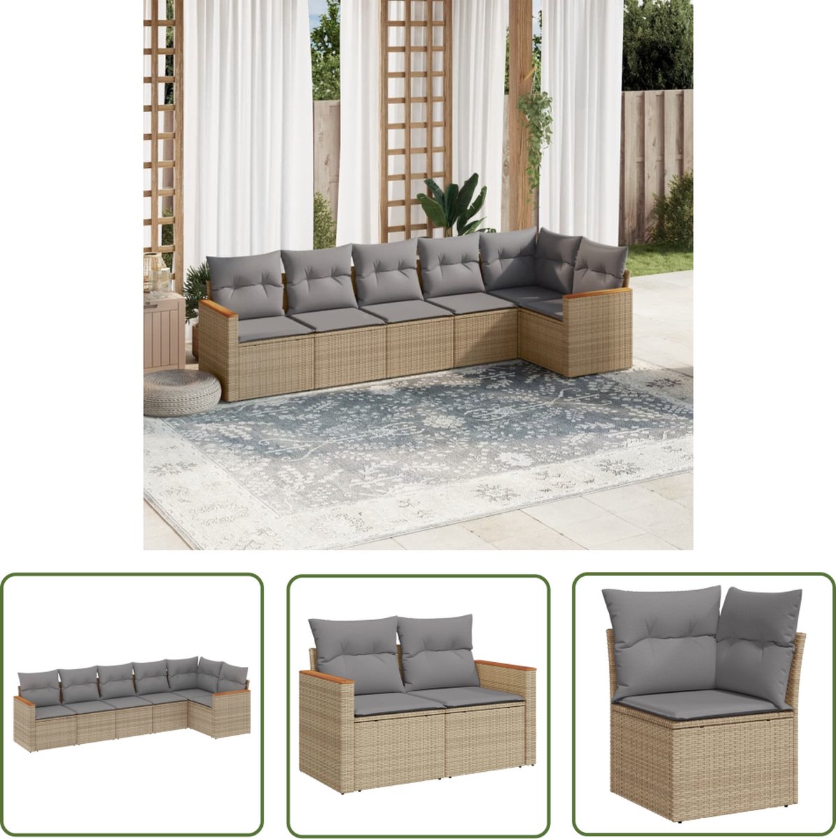 The Living Store 6-delige Loungeset in beige poly rattan met kussens.