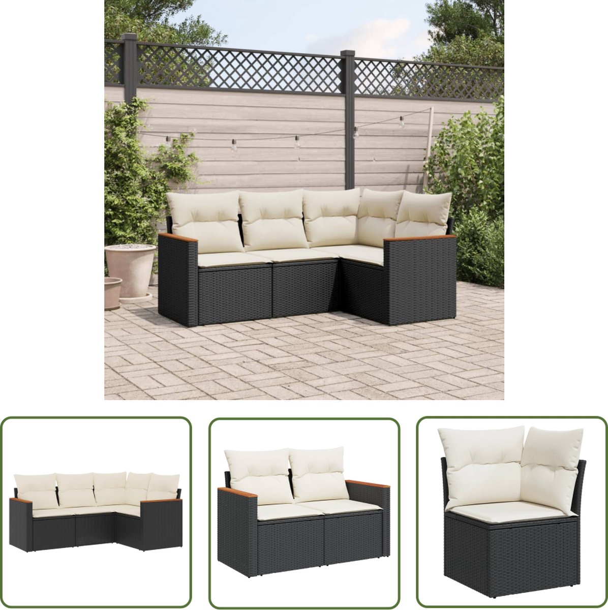 Zwarte poly rattan loungeset met kussens voor tuinmeubels - The Living Store.
