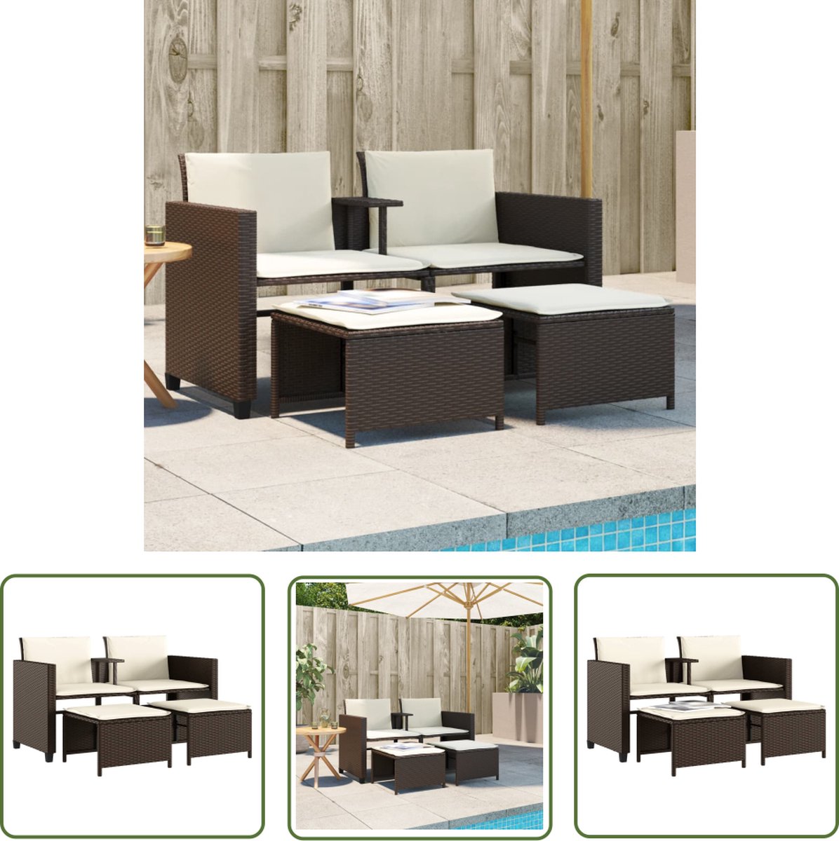 The Living Store Tuinbank 2-zits met tafel en voetenbanken poly rattan bruin - Tuinbank - Buitendecoratie - Lounge Set - Poly Ratan - Tuinset