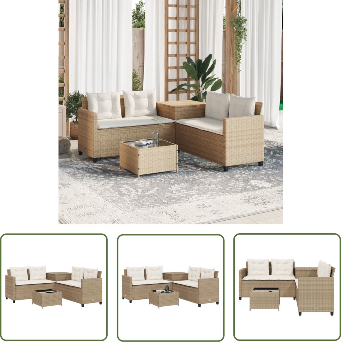 The Living Store Tuinbank met tafel en kussens L-vormig poly rattan beige - Tuinbank - Lounge Set - Buitendecoratie - PE-rattan - Garden Furniture