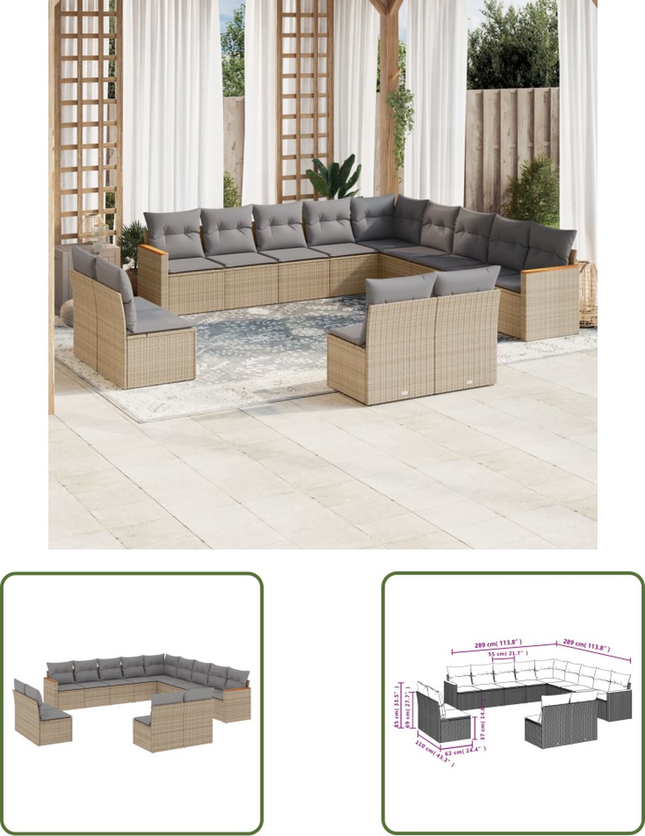 The Living Store 13-delige Loungeset met kussens poly rattan beige - Loungebank - Tuinset - Lounge Set - Buitendecoratie - Outdoor Furniture