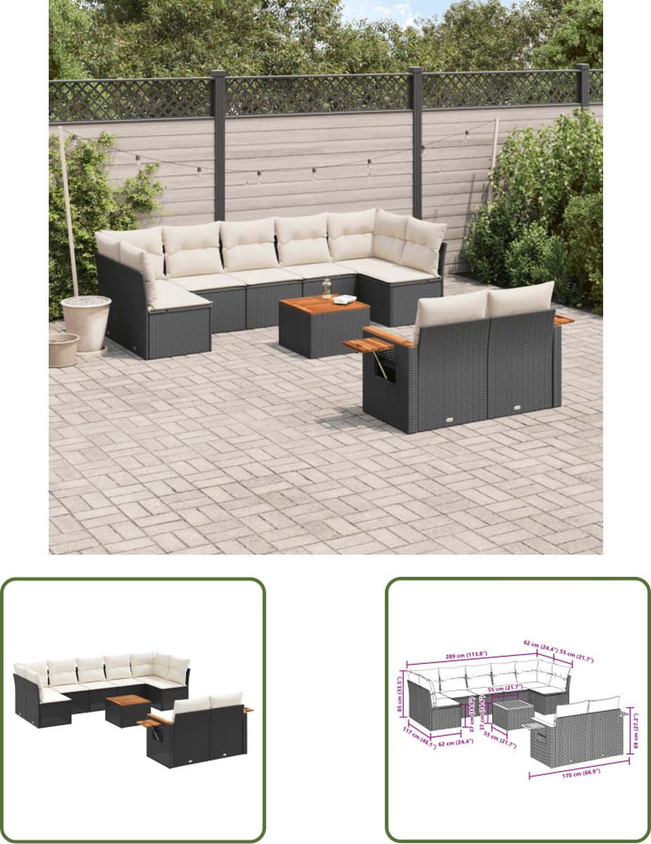 The Living Store 10-delige Loungeset met kussens poly rattan zwart - Loungeset - Tuinset - Lounge Set - Buitendecoratie - Tuinmeubels