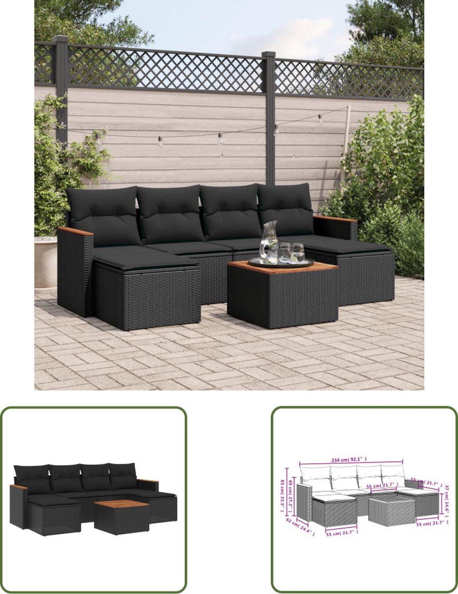 The Living Store 7-delige Loungeset met kussens poly rattan zwart - Loungeset - Lounge Set - Tuinlounge - Buitendining - Outdoor Furniture