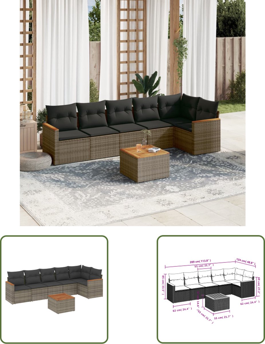 The Living Store 7-delige Loungeset met kussens poly rattan grijs - Loungeset - Tuinmeubels - Lounge Set - Pe Rattan - Outdoor Furniture