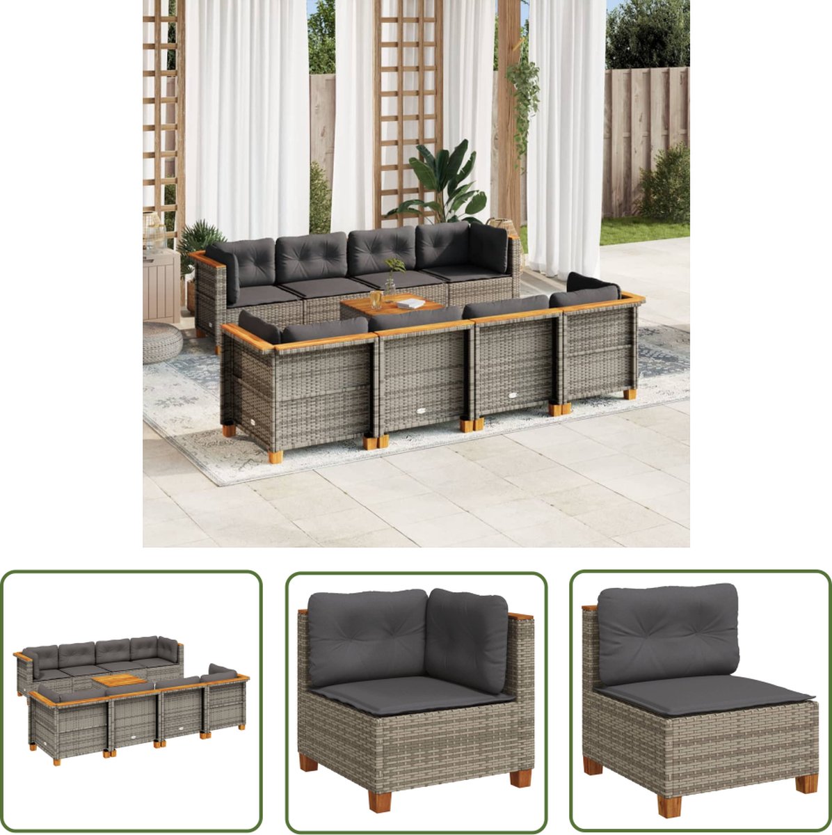 The Living Store 9-delige Loungeset met kussens poly rattan grijs - Loungebank - Lounge Set - Buitendecoratie - Tuinmeubels - Pe Rattan