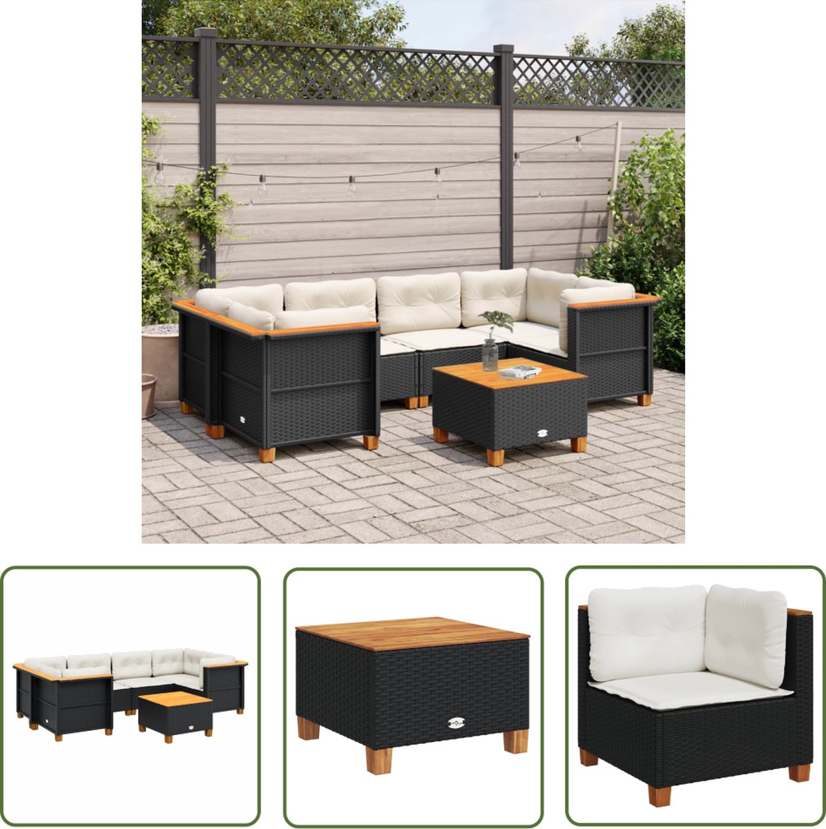 The Living Store 7-delige Loungeset met kussens poly rattan zwart - Loungeset - Tuinmeubels - Lounge Set - Buitendecoratie - Tuinontwerp